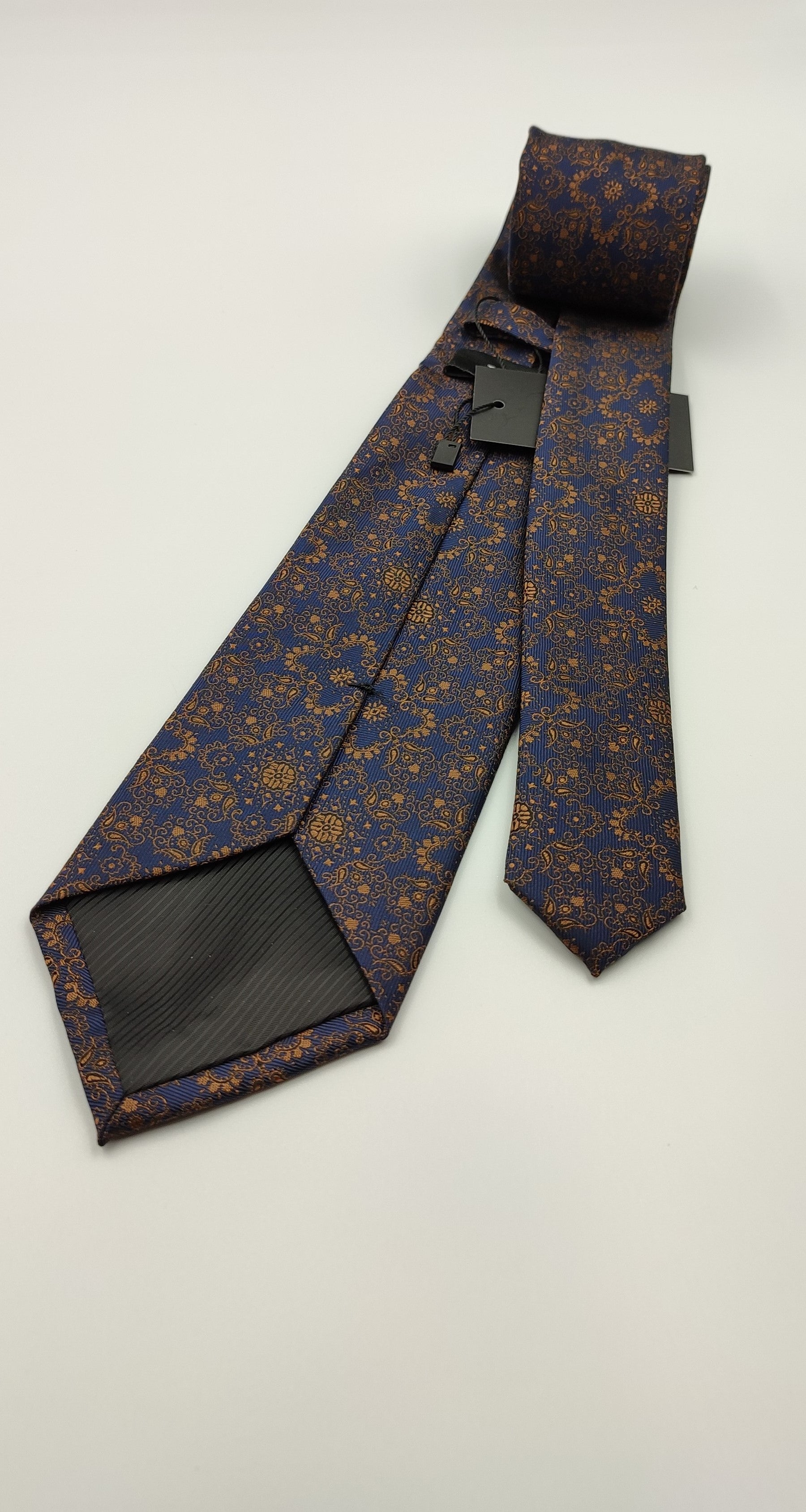 Gold Paisley Navy Necktie - With Pocket Square