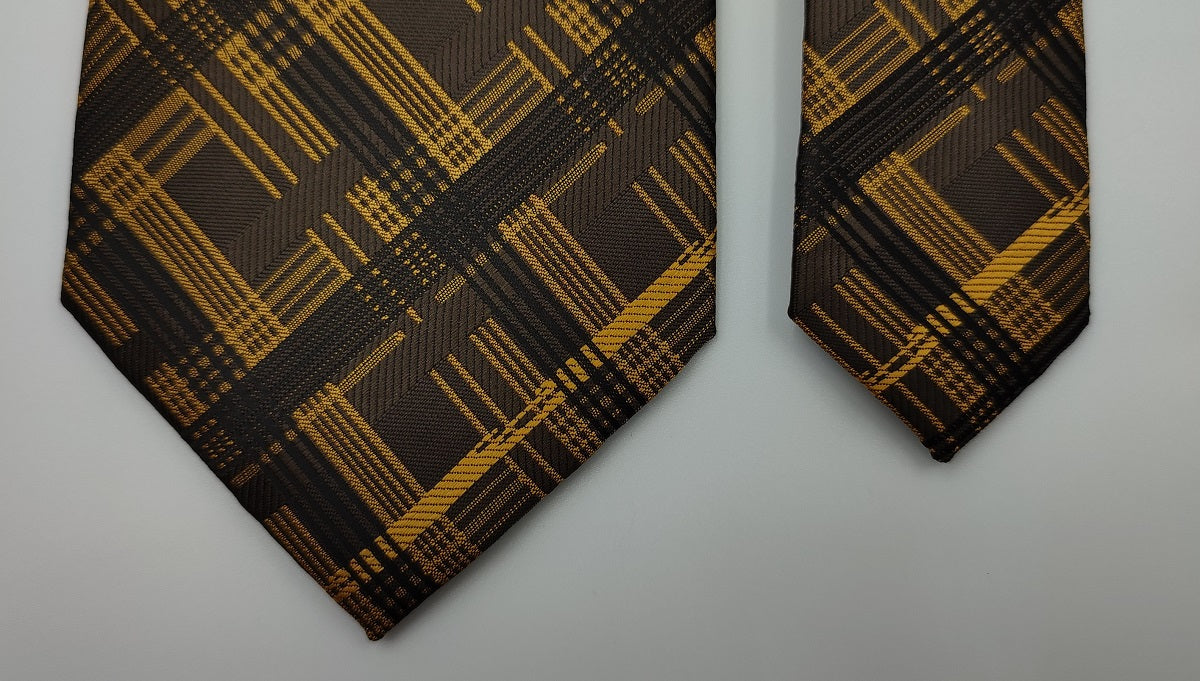 Necktie/Gold Plaid Art Silk-With Pocket Square
