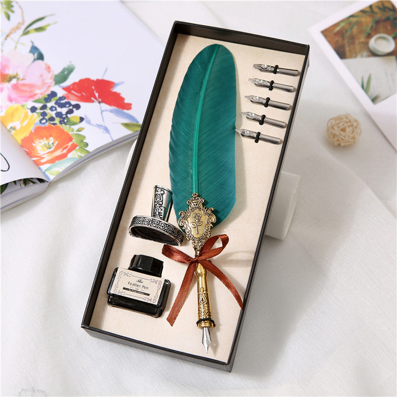 Green Calligraphy Natural Feather Pen Set - 8 pcs