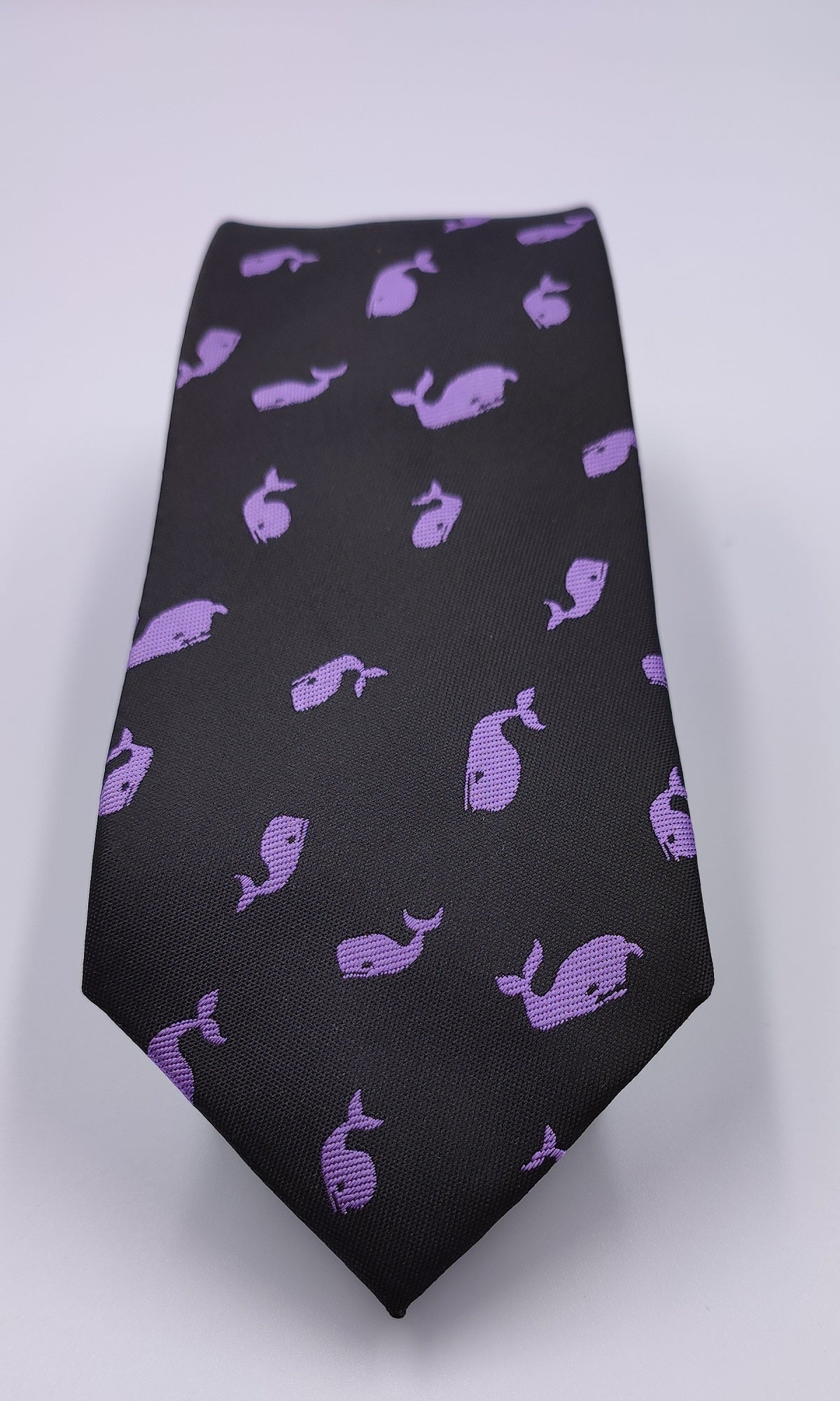 Black Microfiber Necktie with Purple Whales