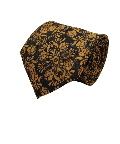 Gold Paisley Black Necktie - With Pocket Square