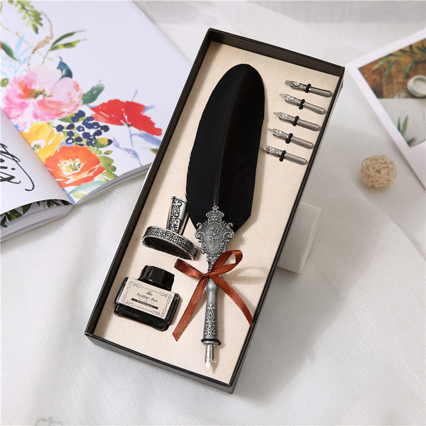 Black Calligraphy Natural Feather Pen Set - 8 pcs