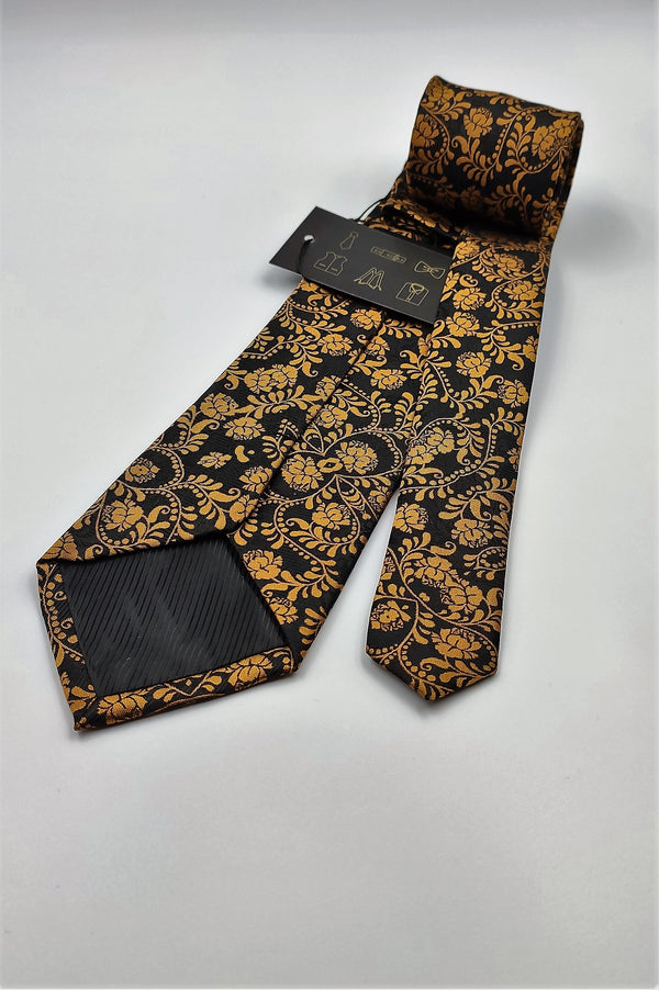 Gold Paisley Black Necktie - With Pocket Square