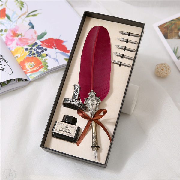 Red Calligraphy Natural Feather Pen Set - 8 pcs